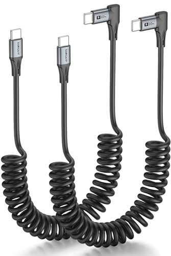 SUNGUY Câble USB C vers USB C spiralé,2 pièces 2M【Extensible:0,6m-1,5m】 Android Auto Câble de charge USBC à 90 degrés pour téléphone portable pour iPhone 17 16 15 Pro Max, Galaxy S24 Ultra S23