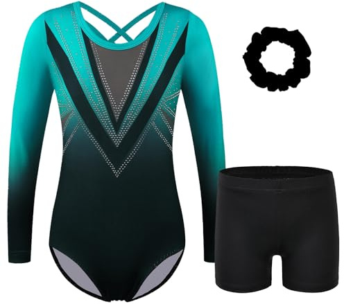 ZNYUNE Tanzbody Mädchen Ärmellos Leotard Schnelltrocknend Langlebig für Gymnastik 3-16 Jahre Schwarz Grün