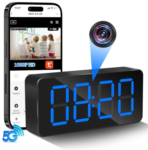 Telecamera Nascosta Spia WiFi, Dual Band Microcamera Spia Senza Fili, 1080P HD Spy Cam Orologio Videocamera Telecamera di Sicurezza con Visione Notturna IR Rilevamento di Movimento Controllo Tuyasmart