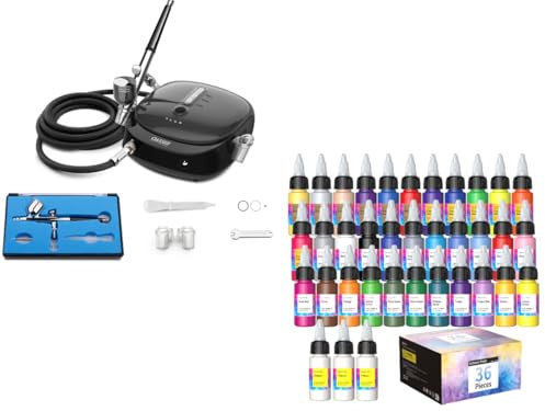 Oasser Mini Kit Aerografo,Professionale Airbrush con Compressore Unghie Aerografo Doppia Azione Set Vernici per Aerografo - 33 Colori con 3 Diluenti,