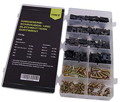 170 tlg Karosserieschrauben mit Karosseriemuttern Sortiment Blechschrauben Blechmuttern Kotflügelmuttern Dämpfungsscheiben