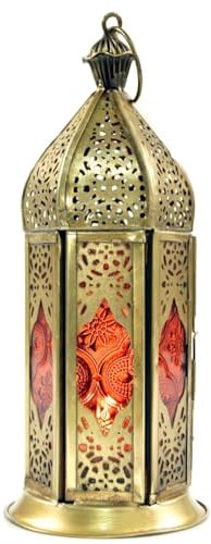 Orientalische Metall-Glas Laterne im marrokanischen Design, Vintage | Filigrane Metallarbeit, farbiges Glas, ideal für Teelichter, schafft 1001 Nacht Atmosphäre