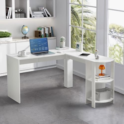 TUKAILAi L Shaped Computer Desk White Corner Office Desk with Storage Shelves Wood Computer Workstation for Home Office 130 x 140 cm