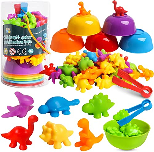 LEADSTAR Montessori Counting Toys for Age 3+, 58pcs Rainbow Counting Dinosaurs Set with Matching Bowl Dices and Tweezers, Montessori Sorting Toys Perfect Math Skills Games Educational Toys
