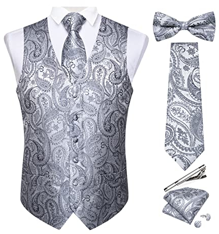 DiBanGu Herren-Paisley-Anzugweste und Krawatte, 6-teilig, vorgebundene Fliege, formelle Weste für Smoking, silber, Large