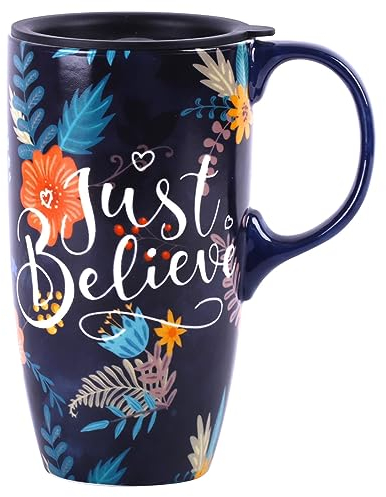 DUSVALLY Ceramic Mug Large Coffee Cup Tall Mugs Porcelain Latte Tea Cup with Lid 17oz,Just Believe