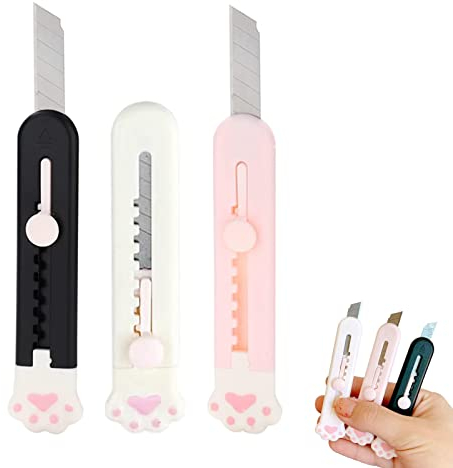 3Pcs Mini Cutter, Couteau Utilitaire RéTractable Portable Patte de Chat, Ouvre-Lettre de Coupe-BoîTe pour le Carton, le Papier, la Boîte, 3 Couleurs