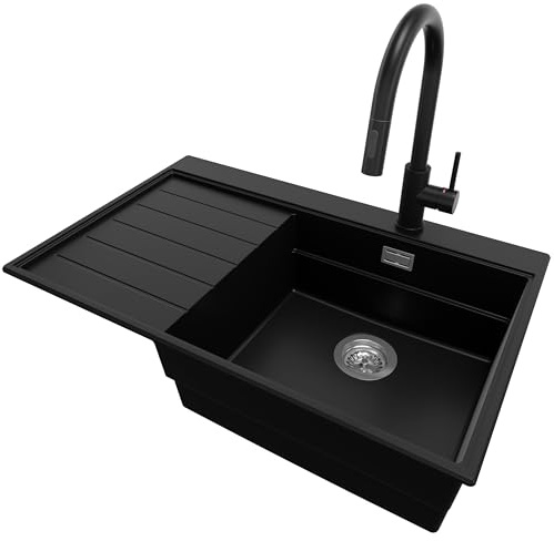 PRIMAGRAN Lavandino da Cucina Nero 78x50cm, Lavello in Granito a 1 vasca + Rubinetto 40x20cm + Sifone Classico, Lavabo Incasso al mobile 50cm - Sydney S307