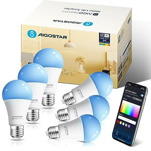 Aigostar Ampoule Connectée Wifi E27 SL2 9W LED Ampoule Connectée Alexa RGB/2700K-6500K, Compatible Avec Alexa/Google Home, Synchroniser avec la musique, Pas Besoin de Hub, 6 PCS