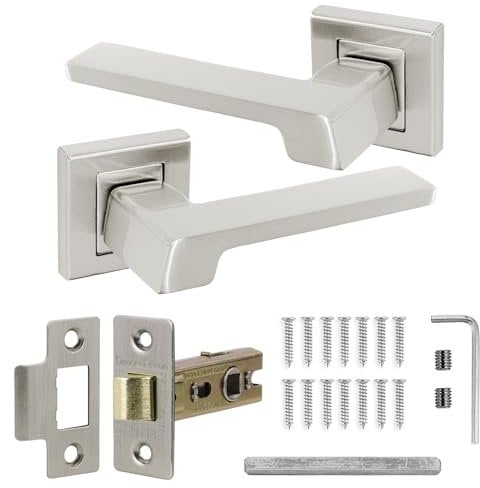 Decoranddecor Spectra Brushed Steel Internal Door Handles – Aluminium Satin Nickel Handle Sets with Tubular Mortice Latch – Sleek and Durable Design for Wooden Interior Doors in Homes and Offices