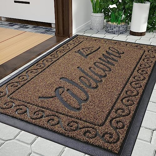Yimobra Fußmatte Aussen, 120 x 81 cm, rutschfest, Wetterfest, Waschbar, Wellcome Schmutzfangmatte für Haustür & Eingangsbereich, Beige Braun