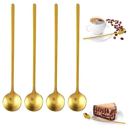 COMNICO Coffee Spoons Stainless Steel Shiny Gold, 6.7 Inches Mini Tea Spoon Set Small Round Espresso Long Handle Spoon Coffee Bar Accessories Decor for Stirring Drinks Mixing Milkshakes, 4 PCS