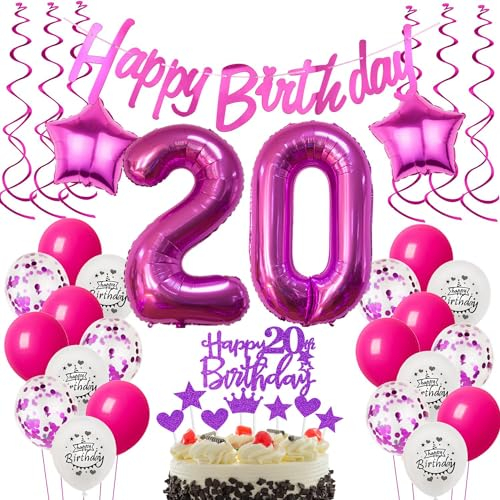 Deko 20. Geburtstag Frauen Luftballons - Rosa Tortendeko und Dekoration für Frau - Geschenk für 20 Jahre