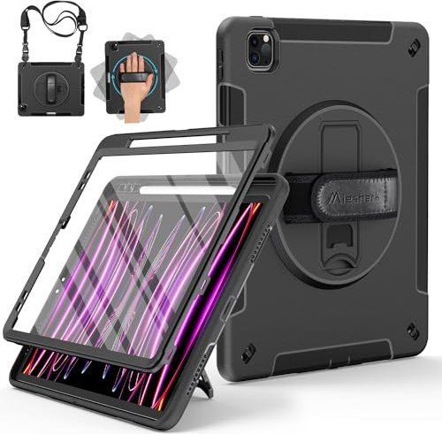 Miesherk Hülle für iPad Pro 12.9: 3-Schichte Robuste Stoßfest Case für iPad Pro 12,9 Zoll 6./5./4./3.Generation mit Displayschutzfolie-Stifthalter-Drehbare Ständer-Handschlaufe-Schultergurt-Schwarz