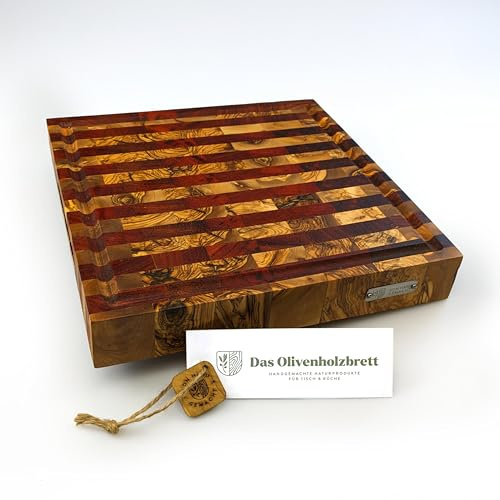 DAS OLIVENHOLZBRETT®Mosaik Streifen/Schneidebrett mit Saftrille/30x30x4,5cm | Luxus Hirnholzbrett aus Olivenholz/Olivenholz Stirnholz/massiv/rechteckig/Saftrinne