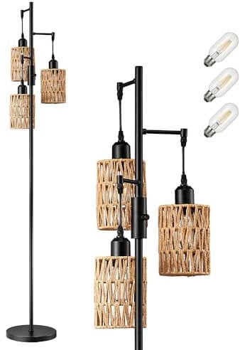 EDISHINE Industrial Floor Lamp, Boho Dimmable Standing Lamp with Rope Cage Lampshade, Rustic Floor Lamps for Living Room, Bedroom, E27 Sockets, 3 LED Bulbs Included