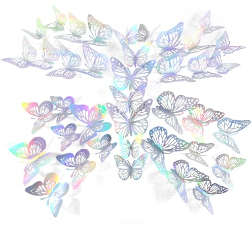 60 Stück 3D Schmetterlinge Deko, Wandtattoo Schmetterlinge, Metallic Schmetterling Butterfly Aufkleber Schmetterling Wanddeko für Kühlschrank Fenster Möbel Wohnzimmer Kinderzimmer Küche