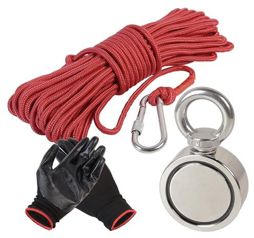 Pesca magnética, imán de sujeción de doble cara NdFeB imán ojal, la pesca magnética,super fuerte imán-Thou imán cuerda de pescar (10M) y guantes impermeables,Deecam conjunto de pesca magnética