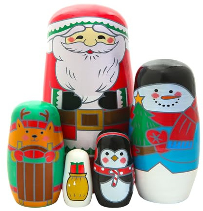 Set of 5 Christmas Wooden Nesting Dolls,Cute Santa Claus Snow Man Elk Penguin Gift Box Wooden Russian Doll Father Christmas Stacking Matryoshka Doll Crafts for Kid Gift Christmas Birthday Party Decor