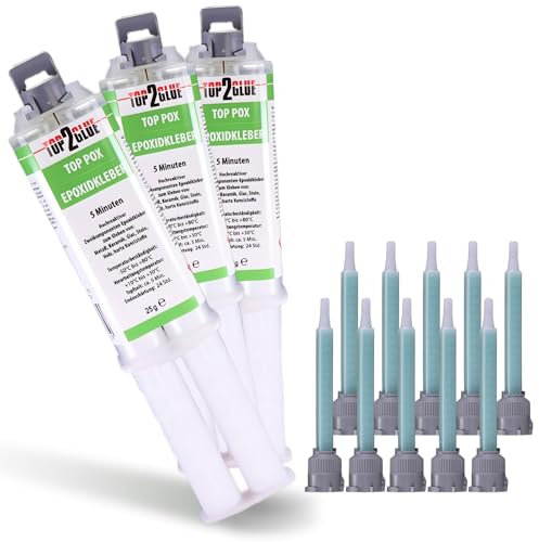 Top2Glue 2K Epoxidkleber Kraftkleber - 2 Komponenten Kleber extra stark 75g + 10 Statikmischer - 2K Epoxy Kleber - Epoxidharz mit Härter transparent - Epoxidharz Kleber - GFK-Kleber