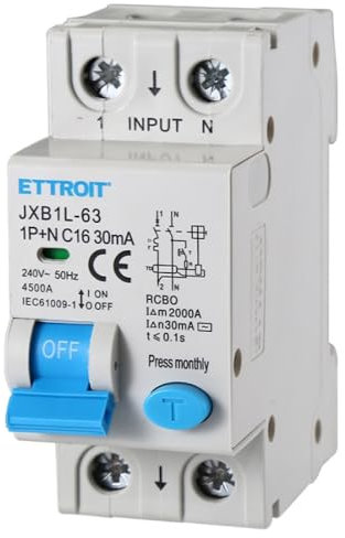 230V 16A C16, INTERRUTTORE MAGNETOTERMICO DIFFERENZIALE SALVAVITA, 1P+N, MONTAGGIO SU BARRA DIN, 2 MODULI, 30mA, 6KA 6000A, RCBO, 240VAC