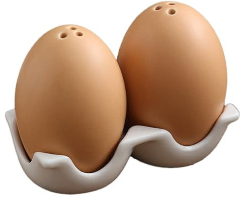 Asyduey Juego de Salero y Pimentero de CeráMica, Mini en Forma de Huevo MarróN con Soporte de SujecióN con DiseñO de CartóN
