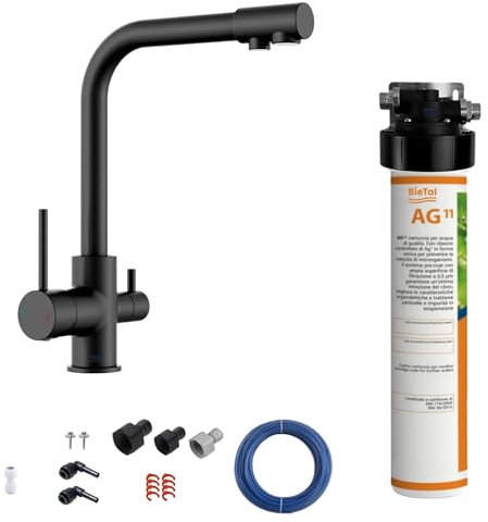 BieTal® Trinkwasserfilter mit Aktivkohle für sauberes & frisches Wasser mit 3-Wege Wasserhahn Messing Schwarz Matt für dein Zuhause Praxis Büro Wohnmobil Aktivkohlefilter Wasserfiltersystem