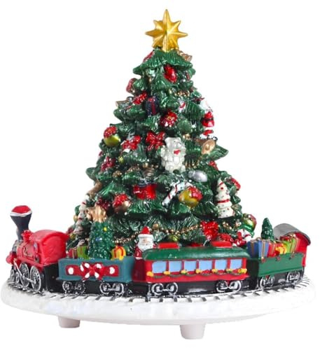 Lightahead Musikalischer Weihnachtsbaum mit drehbarem Zug - Spielt festliche Weihnachtsmelodien - Polyresin Urlaub Spieluhr Ornament
