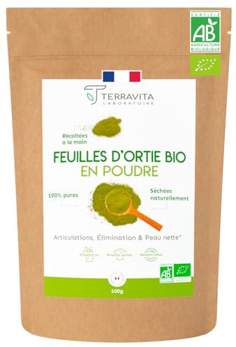 Feuilles d’Ortie Bio en Poudre | Circulation, Détox, Vitalité et Bien-être Articulaire | Riches en Silicium pour Cheveux et Ongles | 100% Pures et Séchées Lentement | 100g | Made in France | Terravita
