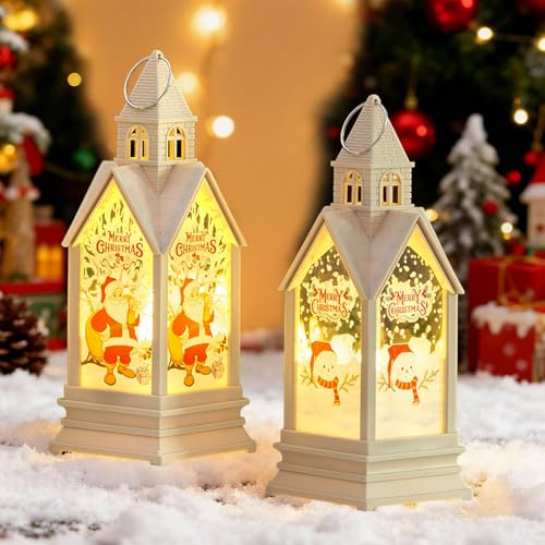 SPERMUOY Weihnachtsdeko Laterne Häuser,2 Stück Weihnachtslaterne mit LED Weihnachtsdeko Laterne Weihnachtslaterne mit Warmweißes LED Licht Weihnachtsdekoration innen