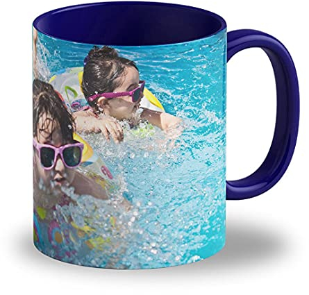 LOOXIS Mug personnalisé, à créer soi-même, à partir de sa photo + texte, différentes couleurs - Idée de cadeau anniversaire, mariage - impression panoramique sans bordure possible, 325ml.Bleu foncé