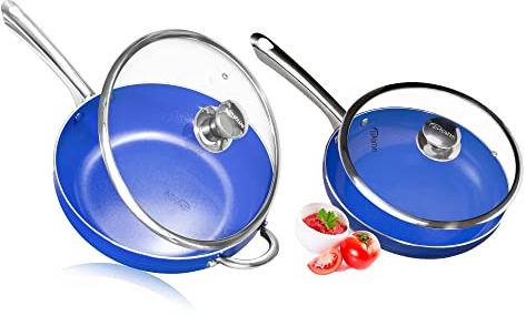 Frying Pans with lids, Non Stick, Set of 28cm & 24cm, Induction, Gas, Electric Ceramic Hobs, Dishwasher Safe