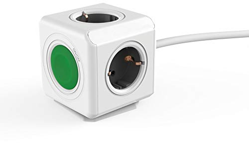 Power-Würfel Switch Extended, schaltbarer 4-Fach Steckdosenwürfel mit integriertem 1,5 m Kabel, genial zum Strom-sparen, grün/grau/weiß