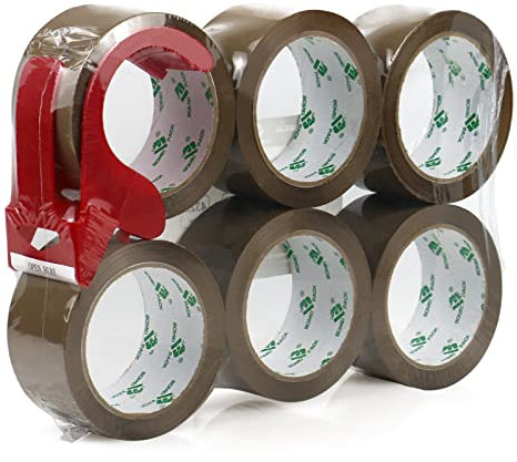 BOMEI PACK Cinta de embalaje marrón con dispensador, 48 mm x 66 m, paquete de 6 rollos, cinta de embalaje resistente