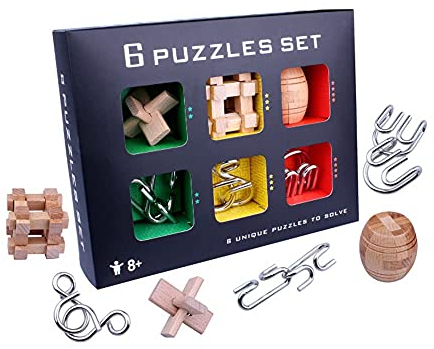OBEST Rompecabezas de Metal y Juego de Rompecabezas de Madera, 3D Alambre de Metal Cubo Puzzles de Madera Toys, IQ Rompecabezas Interbloqueado, Brain Teaser Puzzle (6 Piezas)