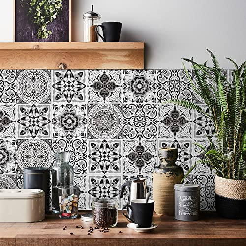 HORIWE Mosaico Muro Piastrelle Adesivi 24 Pezzi PVC Piastrelle Adesivi Marocco Autoadesivo Carta da parati Impermeabile Adesivi murali per la cucina, guardaroba, da tavolo (20x20cm(8x8),Nero+bianco)