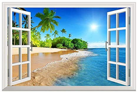3D a colori ad alta definizione estate sole spiaggia natura finta finestra cornice finestra murale adesivi camera da letto in vinile