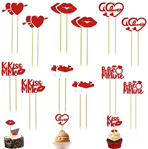 Happy Valentine's Day Cupcake Topper Set, 24 Stück Valentinstag Deko Kuchen Toppers Handgefertigte Kuchenaufsätze Cupcake Picks, Hochzeit Cake Topper Set Für Brautdusche Valentinstag Party