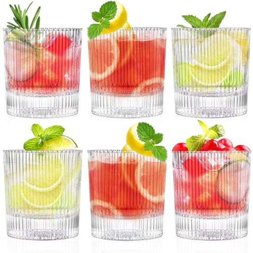 Triplorare Gerippte Glaswaren Set mit 6 Stück, 270 ml Rocks Gläser, Vintage gerippte Trinkgläser, Origami-Glasbecher für Whiskey, Cocktail, Mixgetränk