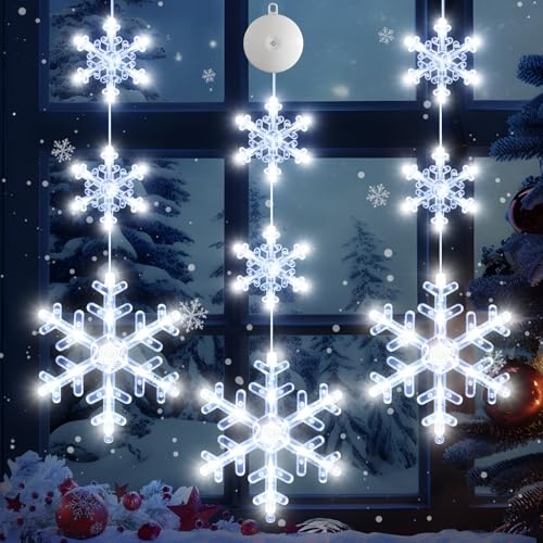 LYUBASA 3 x Weihnachts-Fensterlichter, batteriebetrieben, weißes beleuchtetes Schneeflockenschnur, LED-Saugnapflampe für Innen- und Außendekoration