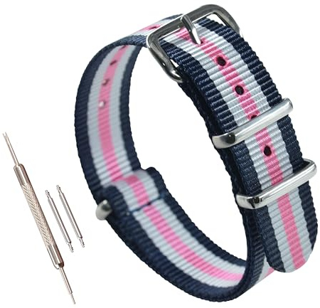 MZBUTIQ 12mm Blau/Weiß/Pink Uhrenarmband Nylon Watch Armband für Damen Polished Schnalle