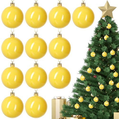 12 Stück 6,1 cm gelbe Weihnachtskugeln Christbaumschmuck Weihnachtsbaum-Anhänger Xmas Glänzende Kugeln Set für Weihnachtsbaum Hängende Kranz Girlande Dekorationen (Gelb)