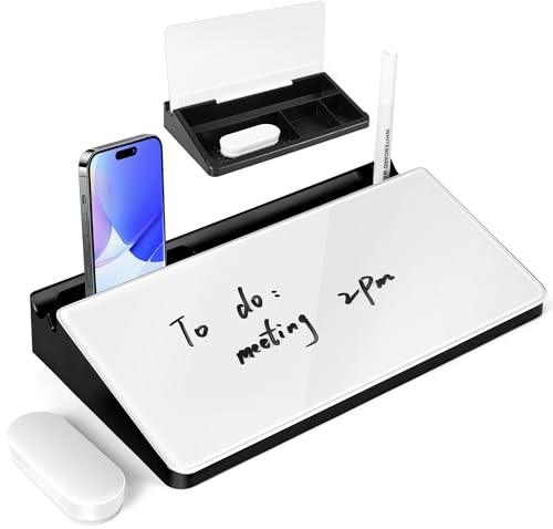 Varhomax Kleines Schreibtisch-Whiteboard aus Glas mit Trockenabwischfunktion, Desktop-Whiteboard mit Aufbewahrung, To-Do-Liste, Notizblock, Schreibtisch-Begleiter und Tastaturständer(Schwarz und Weiß)
