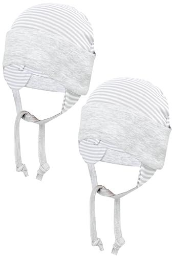 TupTam Baby Erstlingsmütze mit Ohrenklappen 2er Pack, Farbe: Streifenmuster/Grau, Größe: 62-68