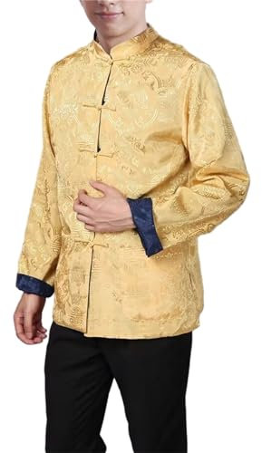 Veste traditionnelle chinoise pour homme Kung Fu Hanfu & Tang Costume Veste Wing Chun uniforme pour arts martiaux, Bleu doré., XXL