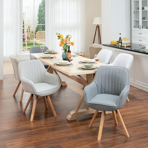 MEUBLE COSY Esszimmerstühle Drehbar 6er Set Küchenstuhl Polsterstuhl Drehstuhl mit Armlehne Sessel Schminkstuhl aus Stoff Massivholzbeine für Esszimmer Wohnzimmer Arbeitszimmer, Bunt