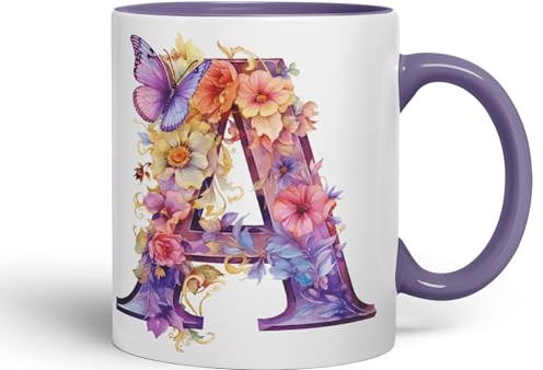 Vixar Letter A Mug, Floral Flowers Butterfly Alphabet Letter A Monogram Watercolour Ceramic Coloured Mug Cup for Tea Coffee Hot Brew 330ml 11Oz Gift (Purple)