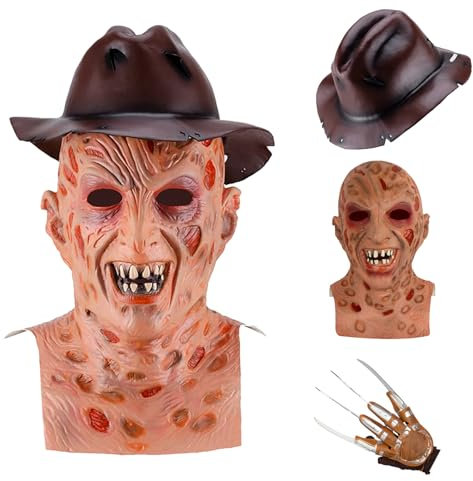 Yearsahrk Freddy Kruger, maschera per costume da cowboy, guanto, maschera horror zombie, costume di Halloween, cosplay in lattice, accessori di scena (maschera horror maschera)