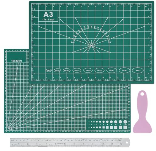 COEWUR Cutting Mat A3 with Ruler Set, Self Healing Craft Board 3mm Thick | Non Slip Hobby Mat, Double Sided with Measure, No Scratches for DIY, Paper, Sewing, Fabric, Quilting, Scrapbook