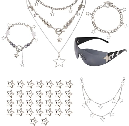 Mikovivi Y2k-Accessoire-Set, Vintage-Rockstar-Schmuck für Damen Inklusive 3-Sterne-Halskette und 2 silbernen Armbändern, Sonnenbrille, Hip-Hop-Hosenkette, Stern-Haarnadel Y2k-Grunge-Geschenk